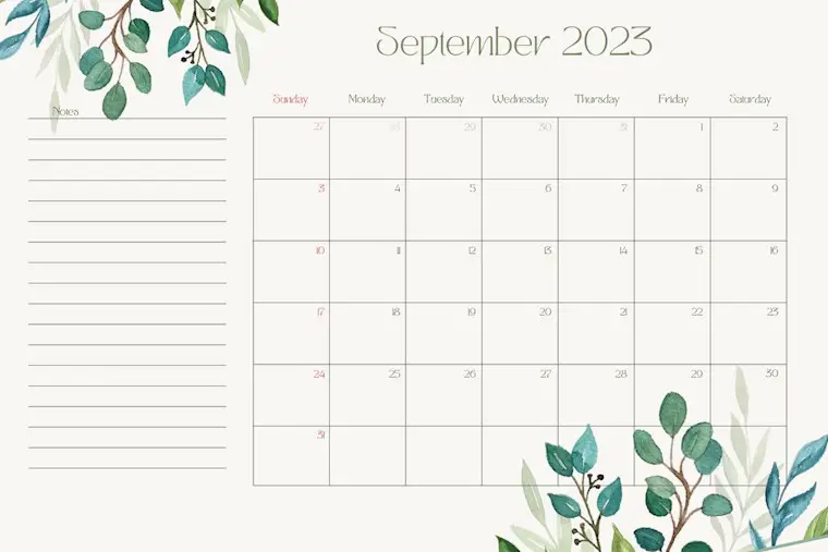 pastel green watercolor leaves september 2023 calendar