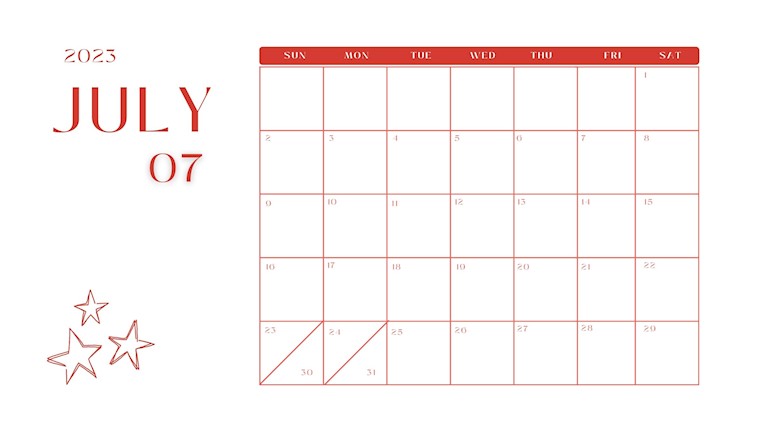 pink and white minimalist july 2023 calendar