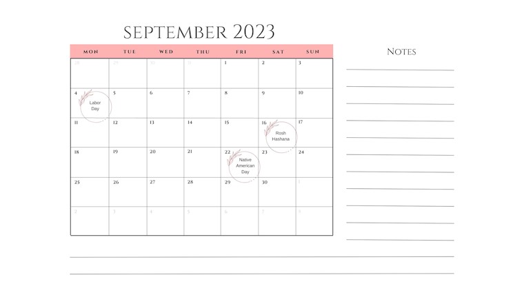 pink simple september 2023 calendar