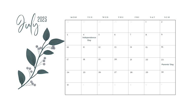 simple floral july calendar 2023