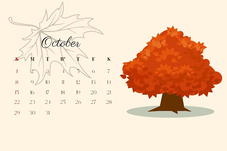 cream red tree october 2023 calendar