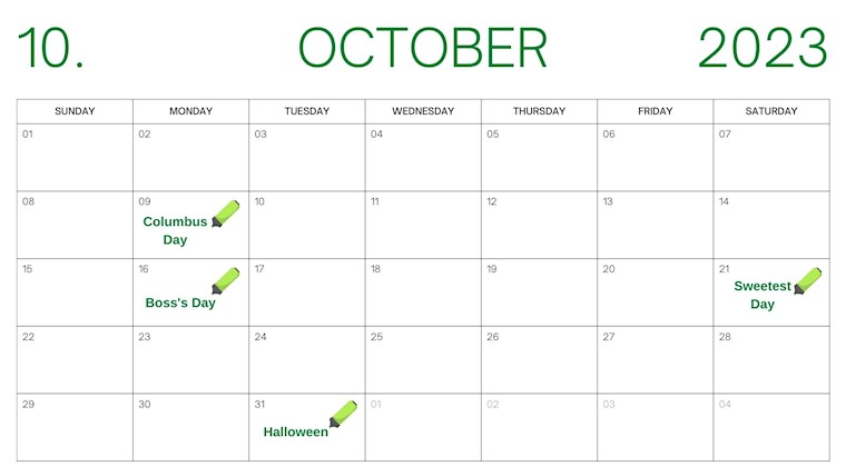 green white simple october 2023 calendar