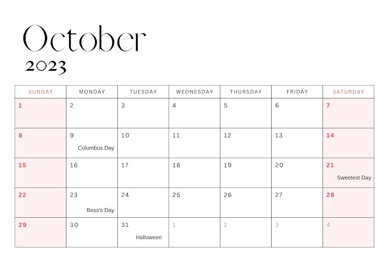 minimal clean october 2023 monthly calendar