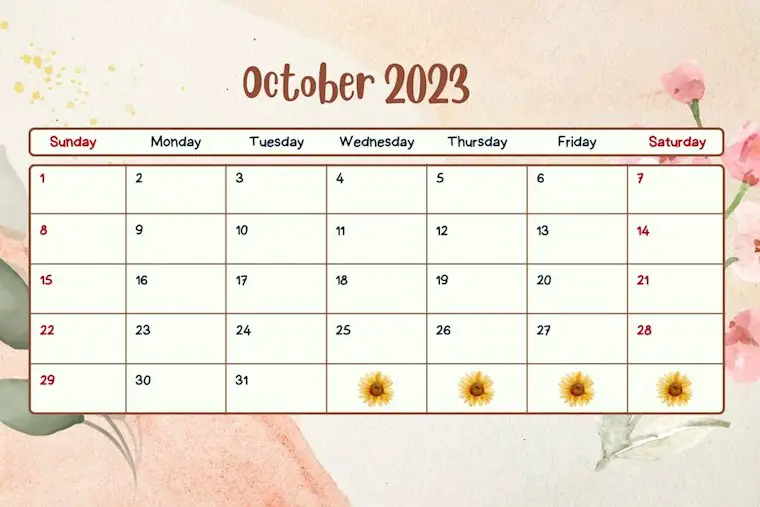 pastel floral october 2023 calendar