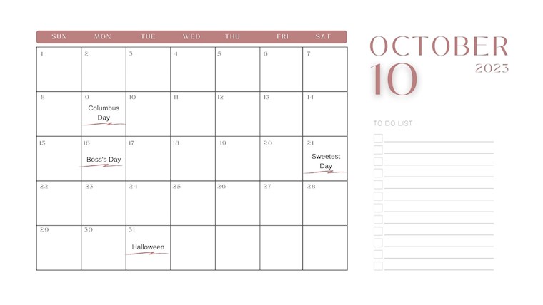 pink modern october 2023 calendar