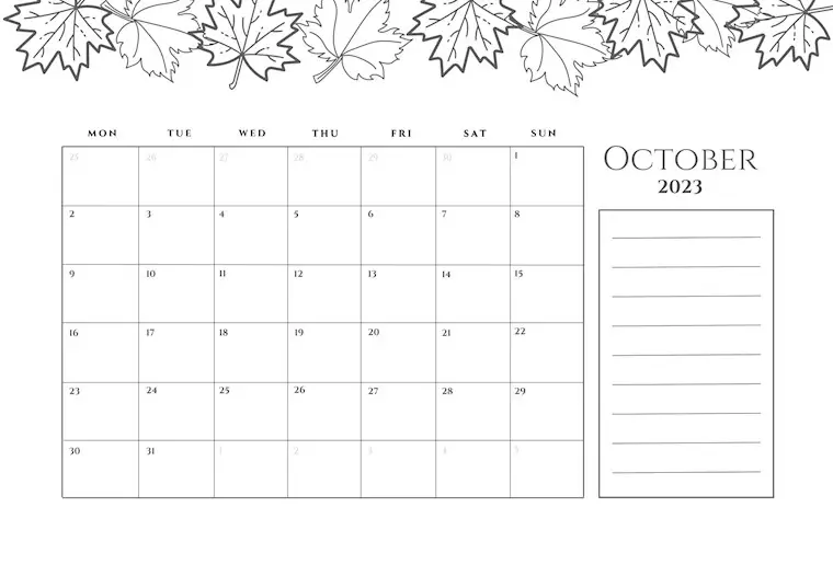 printable simple october calendar 2023