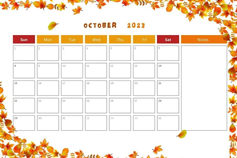 red orange illustrated october 2023 calendar