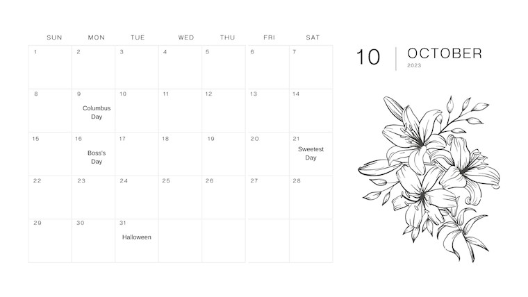 white and black minimalist october 2023 calendar