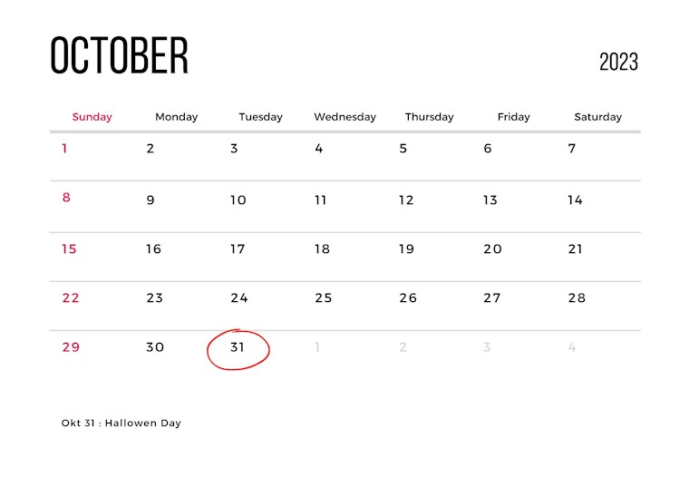 white minimalist october calendar 2023