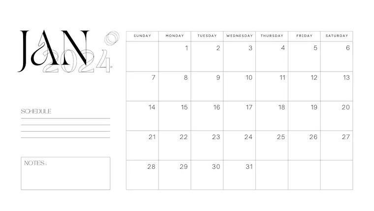 black white minimalist january 2024 calendar