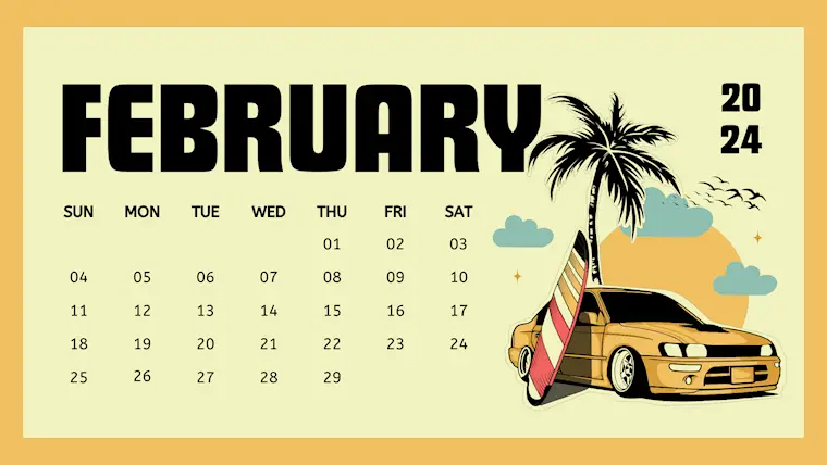 yellow illustrated retro february 2024 calendar