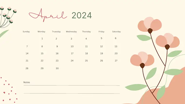 beige cute floral april 2024 calendar