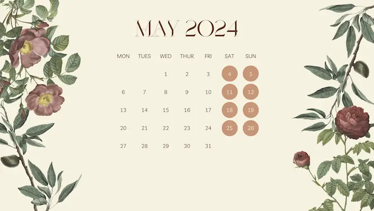 cream minimalist floral may 2024 calendar