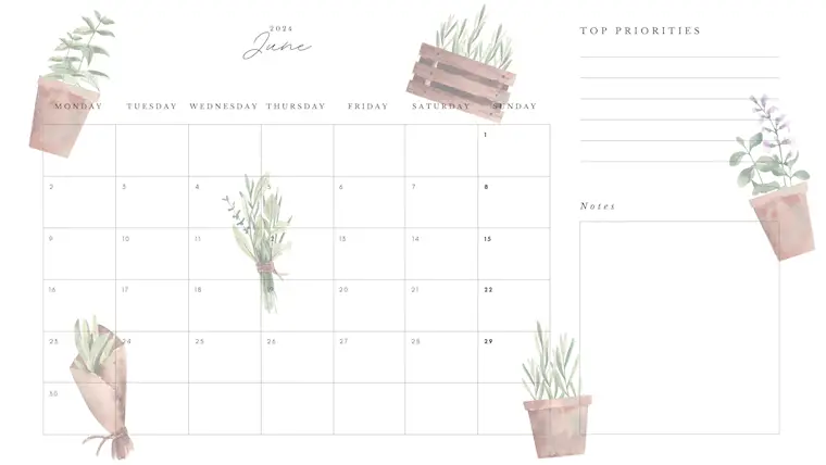 cute botanical floral june 2024 calendar