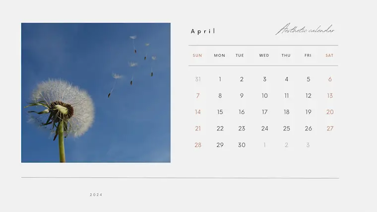 cute pastel simple minimalist april 2024 calendar