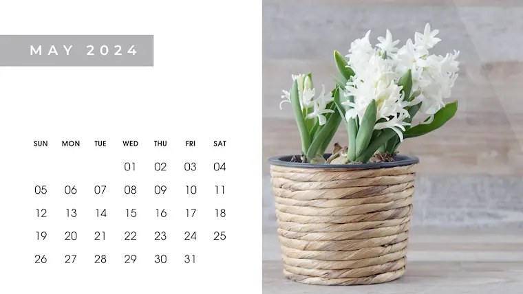 grey floral simple may 2024 calendar