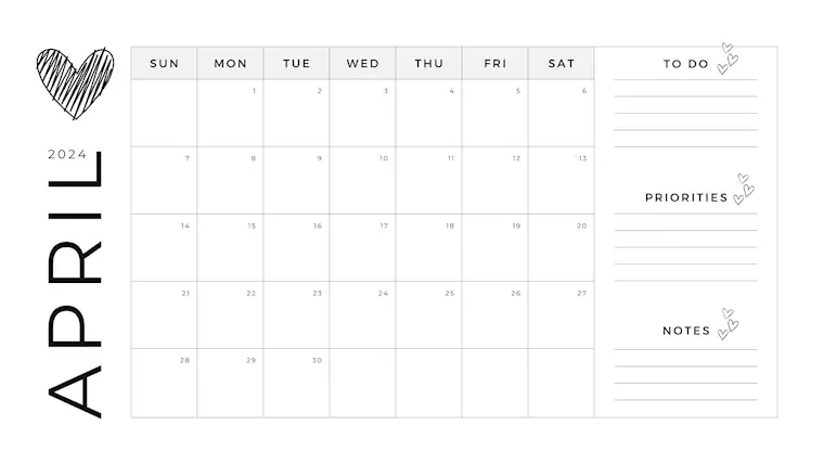 grey white minimalist simple april 2024 calendar