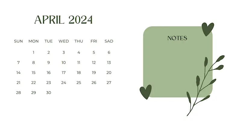 white and green simple april 2024 calendar