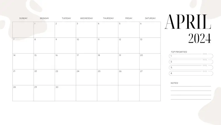 white minimalist clean april 2024 calendar