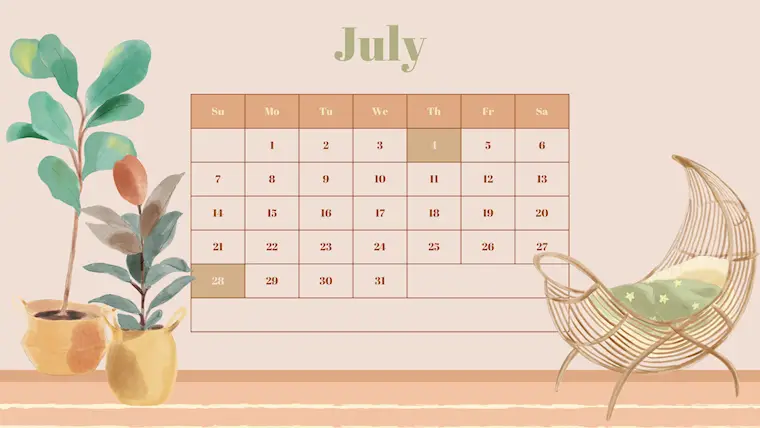 beige illustrated july 2024 calendar