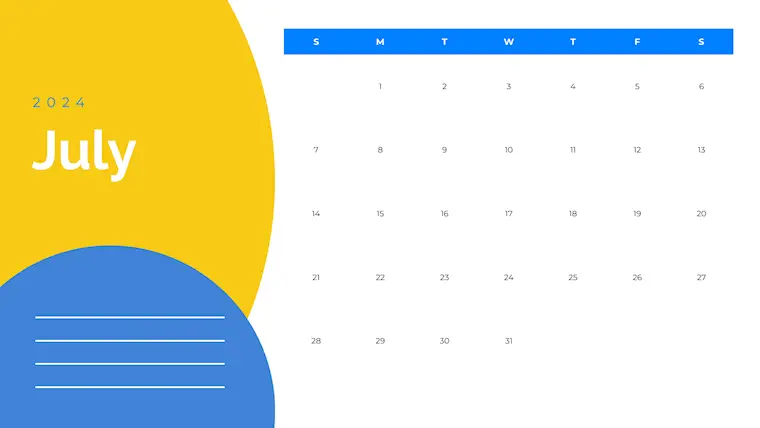 blue yellow modern july 2024 calendar