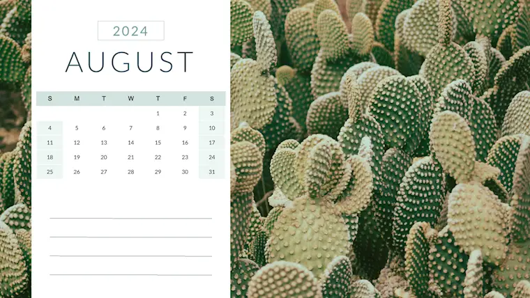 cute botanical cactus august 2024 calendar
