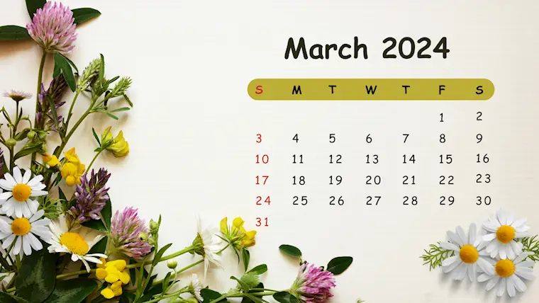 cute illustration march 2024 calendar