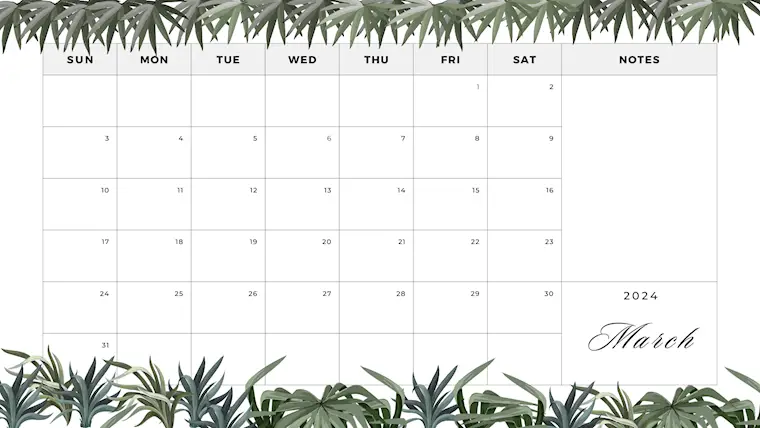 green minimalist march 2024 calendar