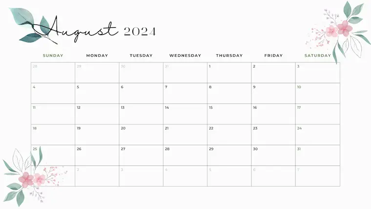 green simple minimalist august 2024 calendar