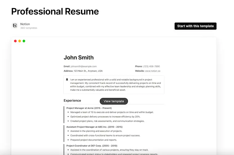 notion resume template free