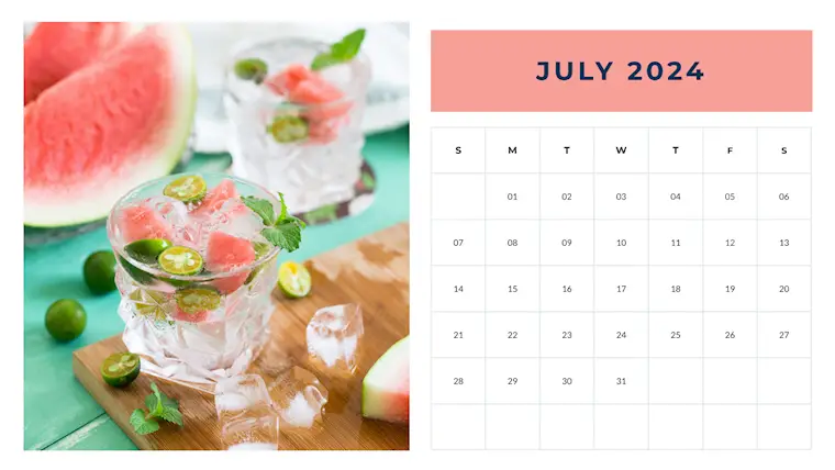 pink summer modern july 2024 calendar