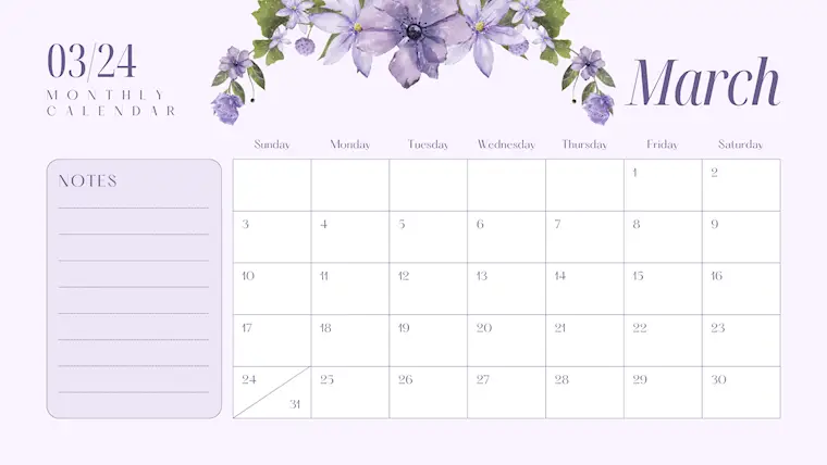 purple floral modern march 2024 calendar