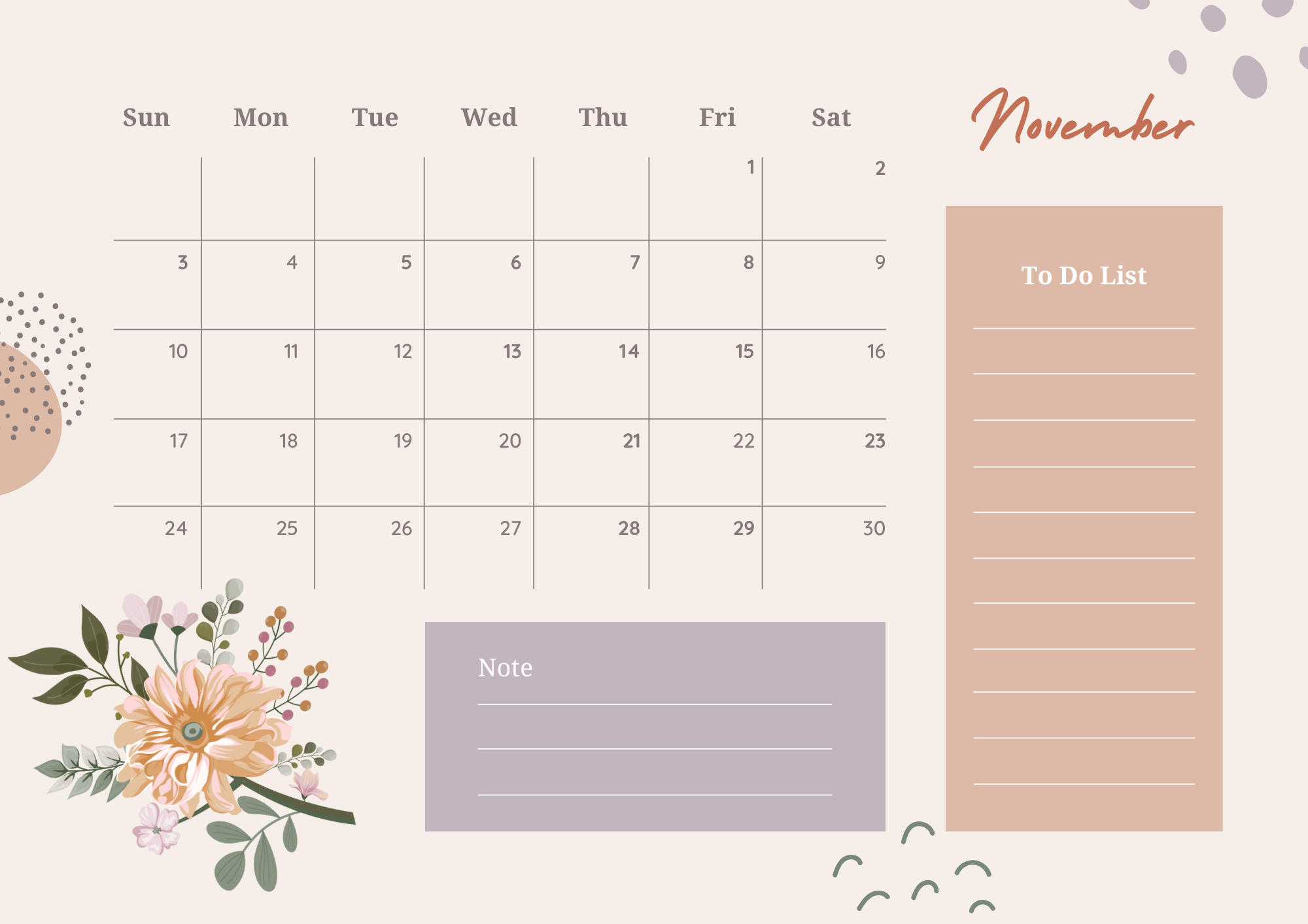 aesthetic boho brown november 2024 calendar