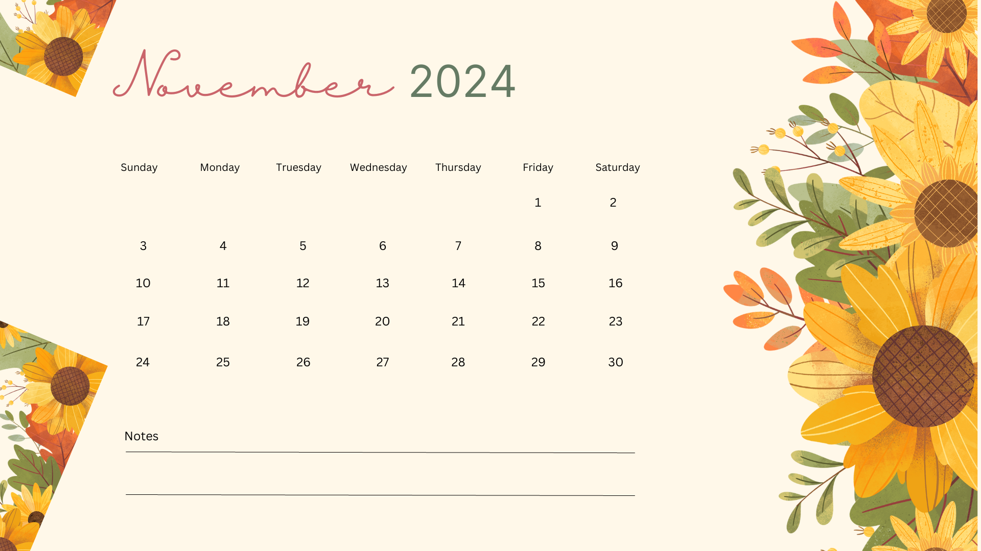 beige cute floral november 2024 calendar