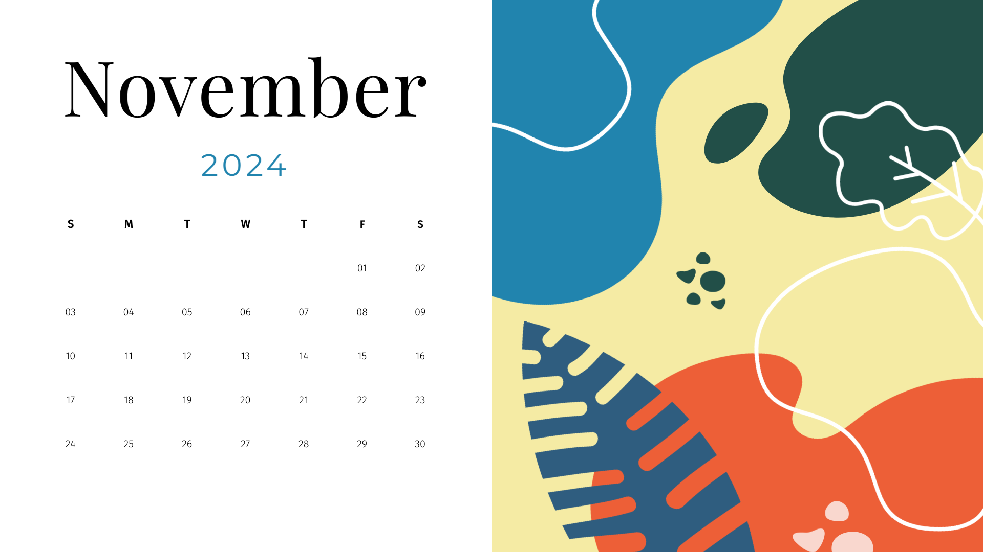 colorful cute november 2024 calendar