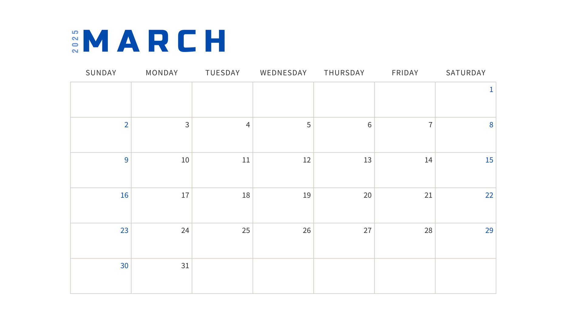 clean blue march 2025 calendar