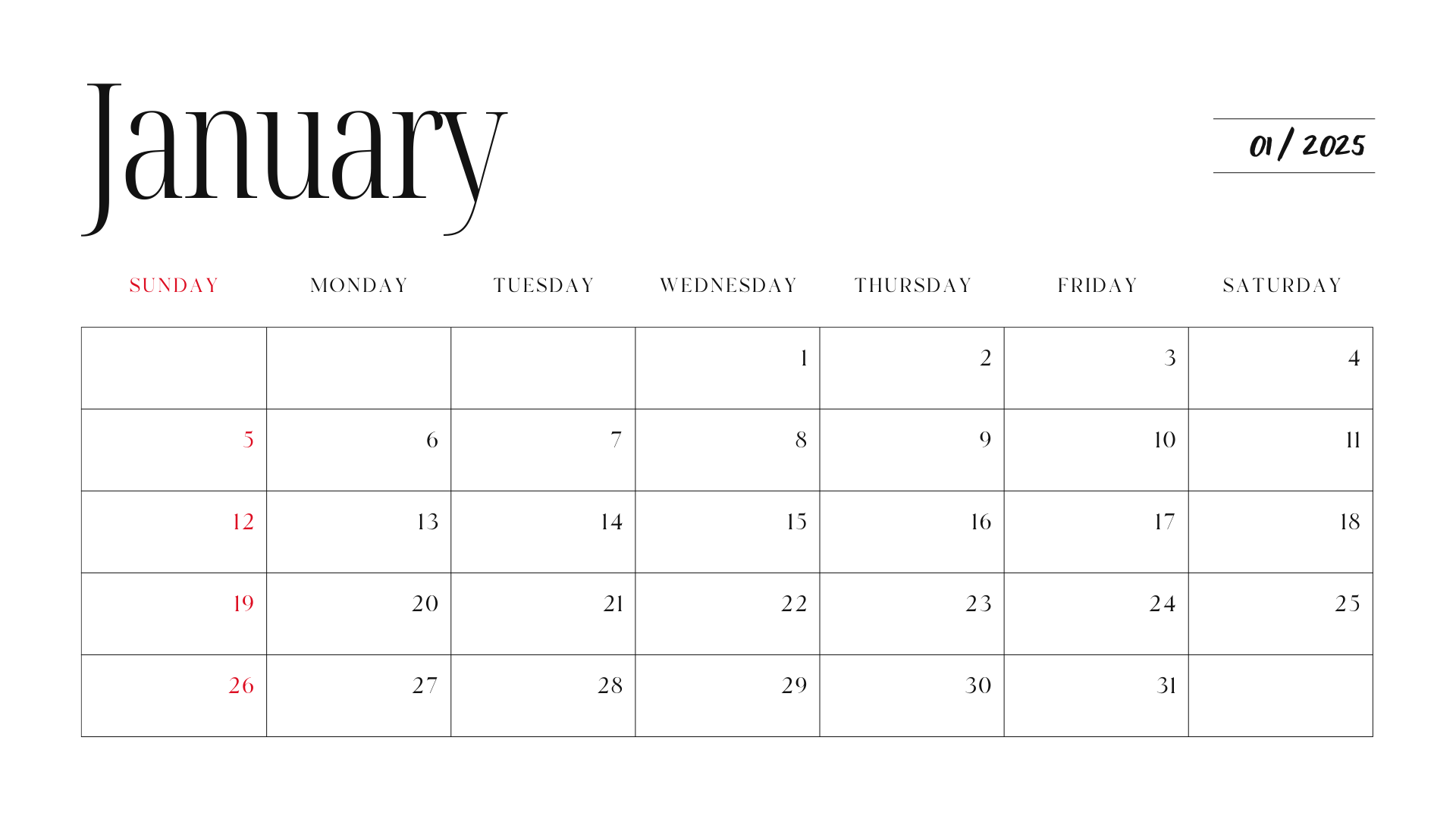 black and white minimalist january 2025 calendar