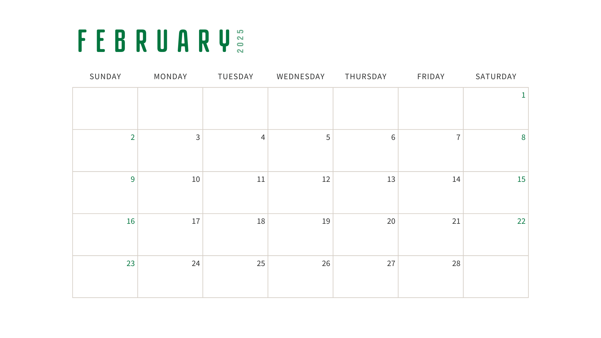 clean green february 2025 calendar