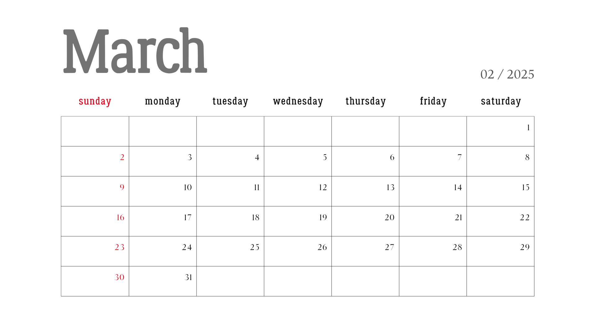 minimalist printable march 2025 calendar