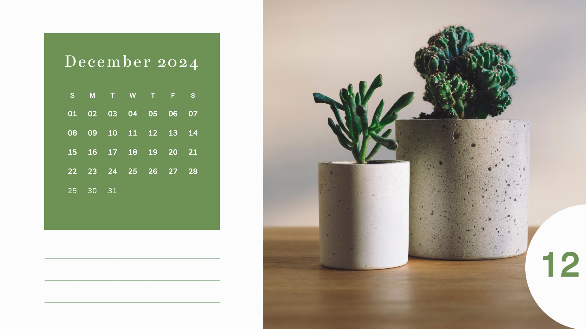 green minimalist december 2024 monthly calendar