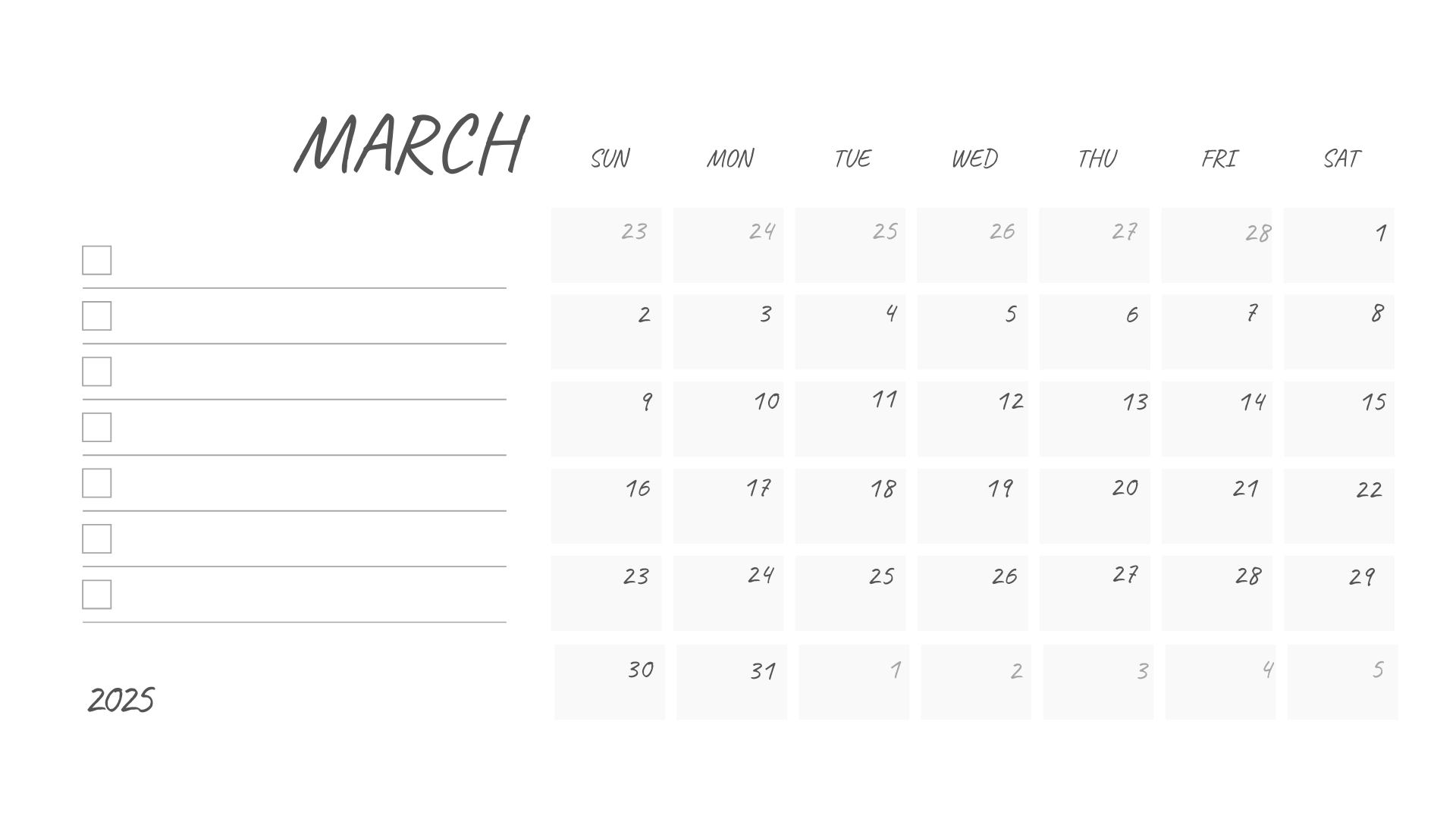 grey clean planner march 2025 calendar