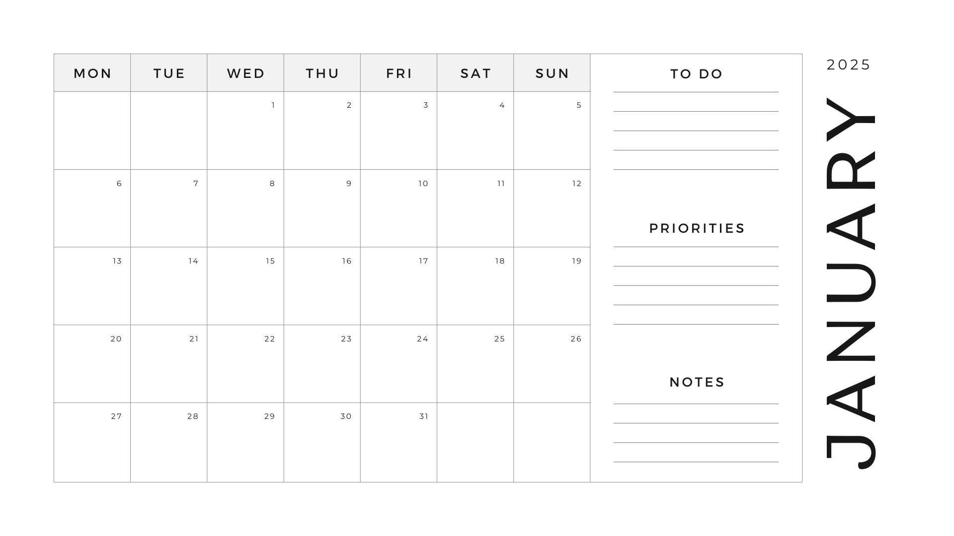 white minimalist clean january 2025 calendar