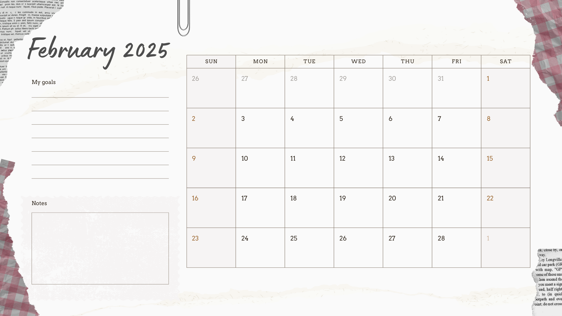 white scrapbook february 2025 calendar