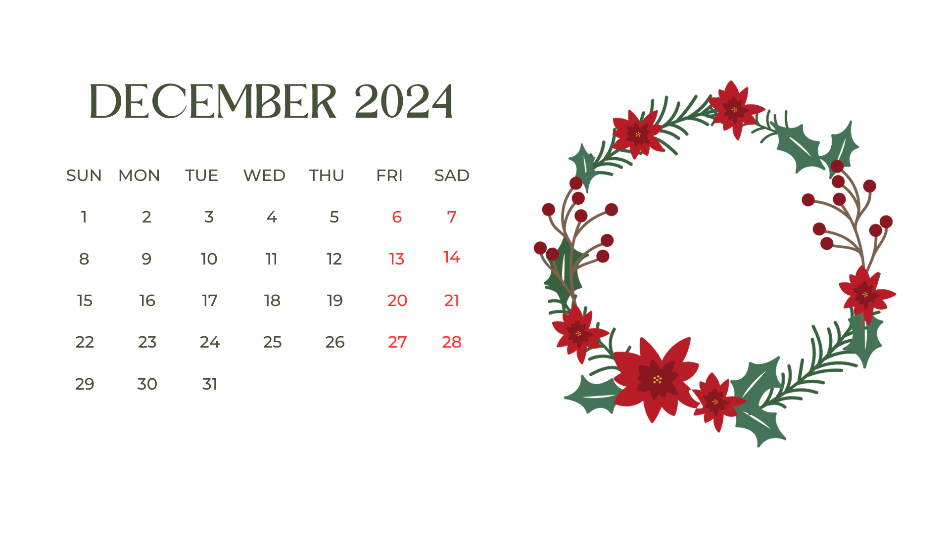 white and green simple december 2024 calendar