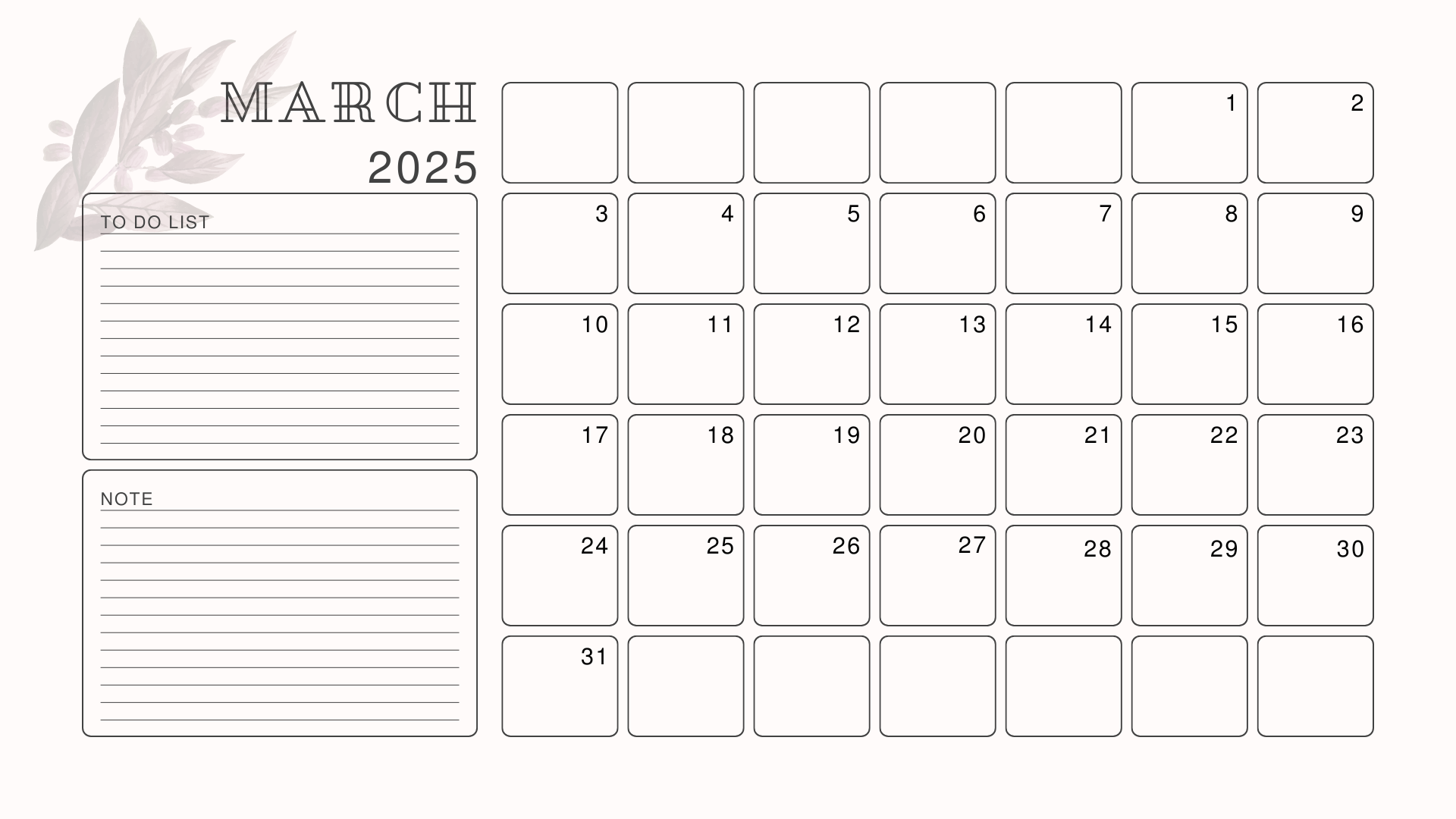 best free minimalist march calendar 2025