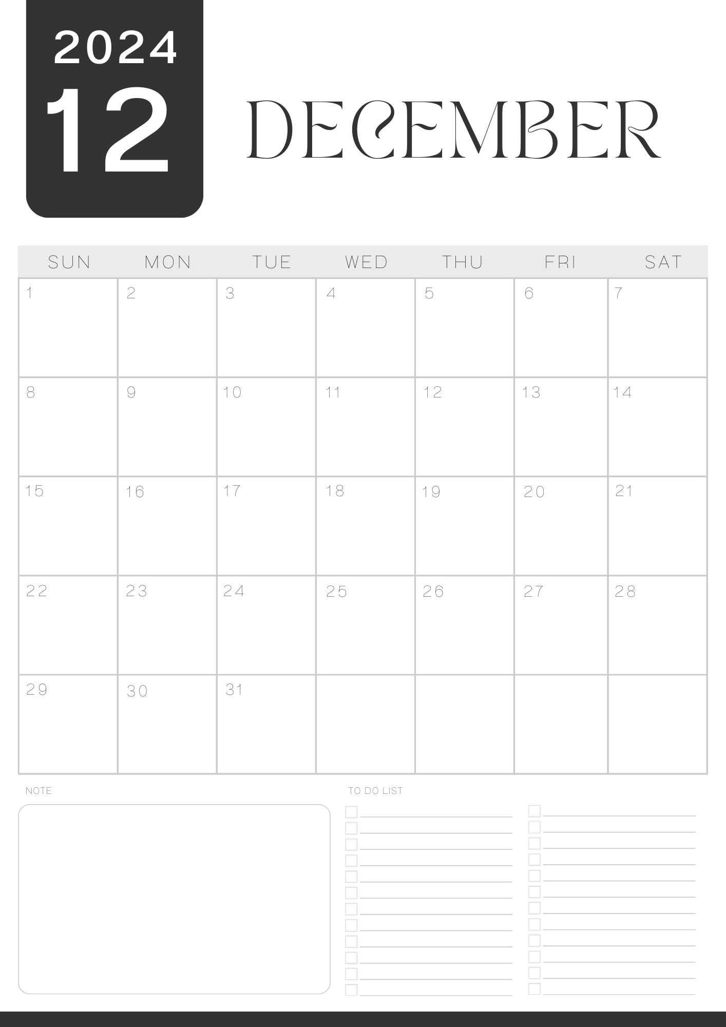 grey minimalist december 2024 calendar planner a4