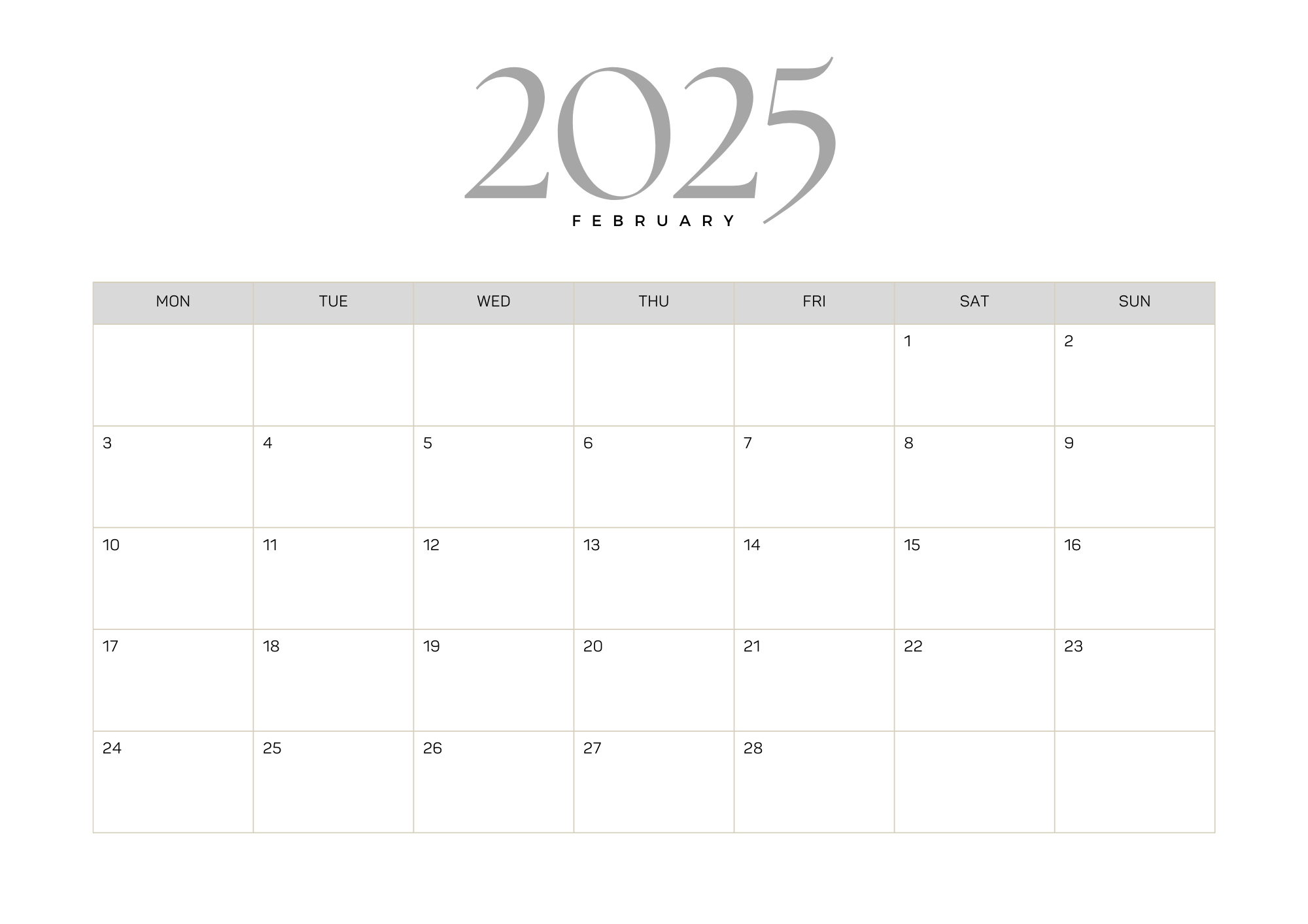 basic free clean february 2025 calendar