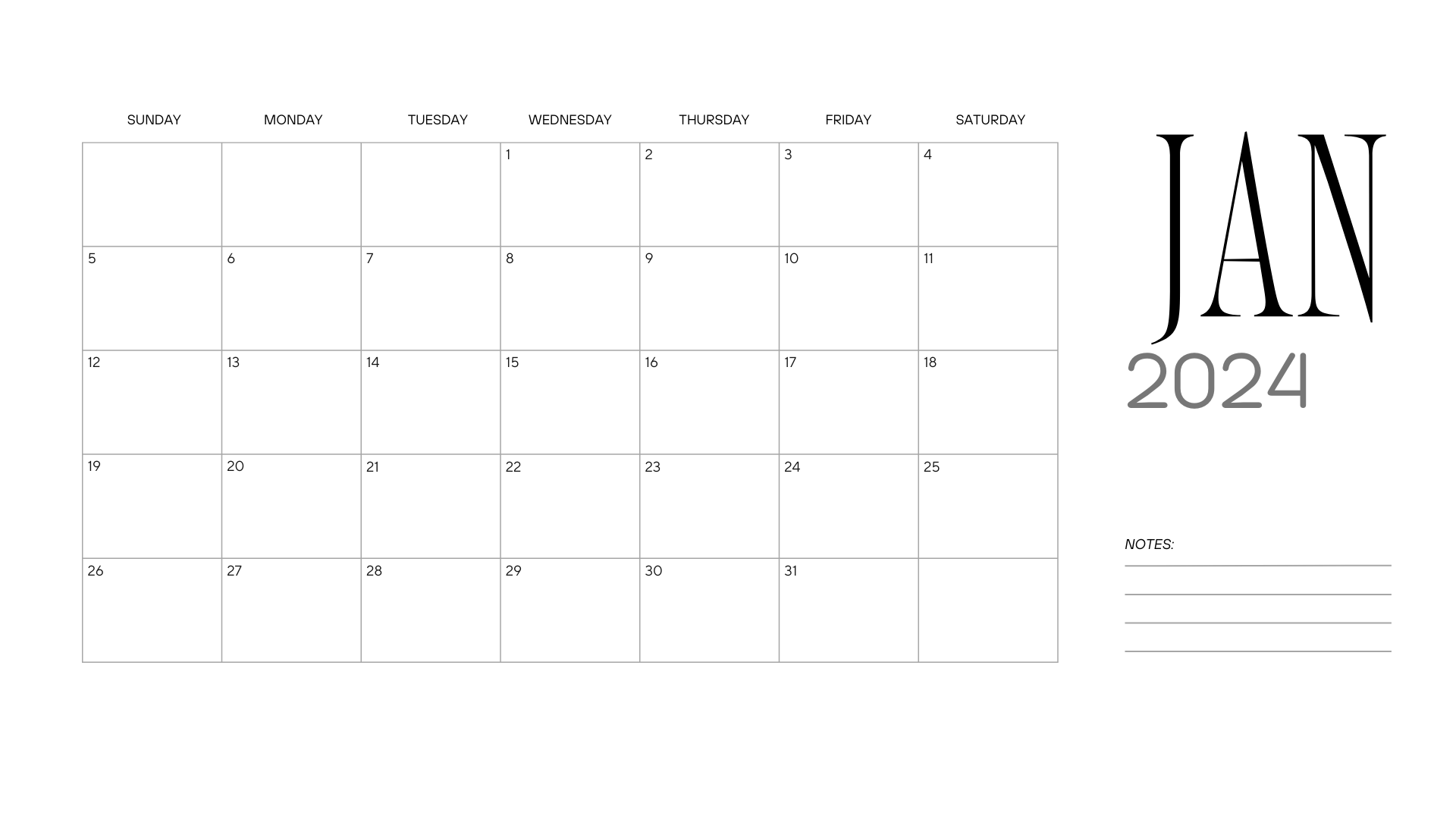 basic free clean january 2025 calendar