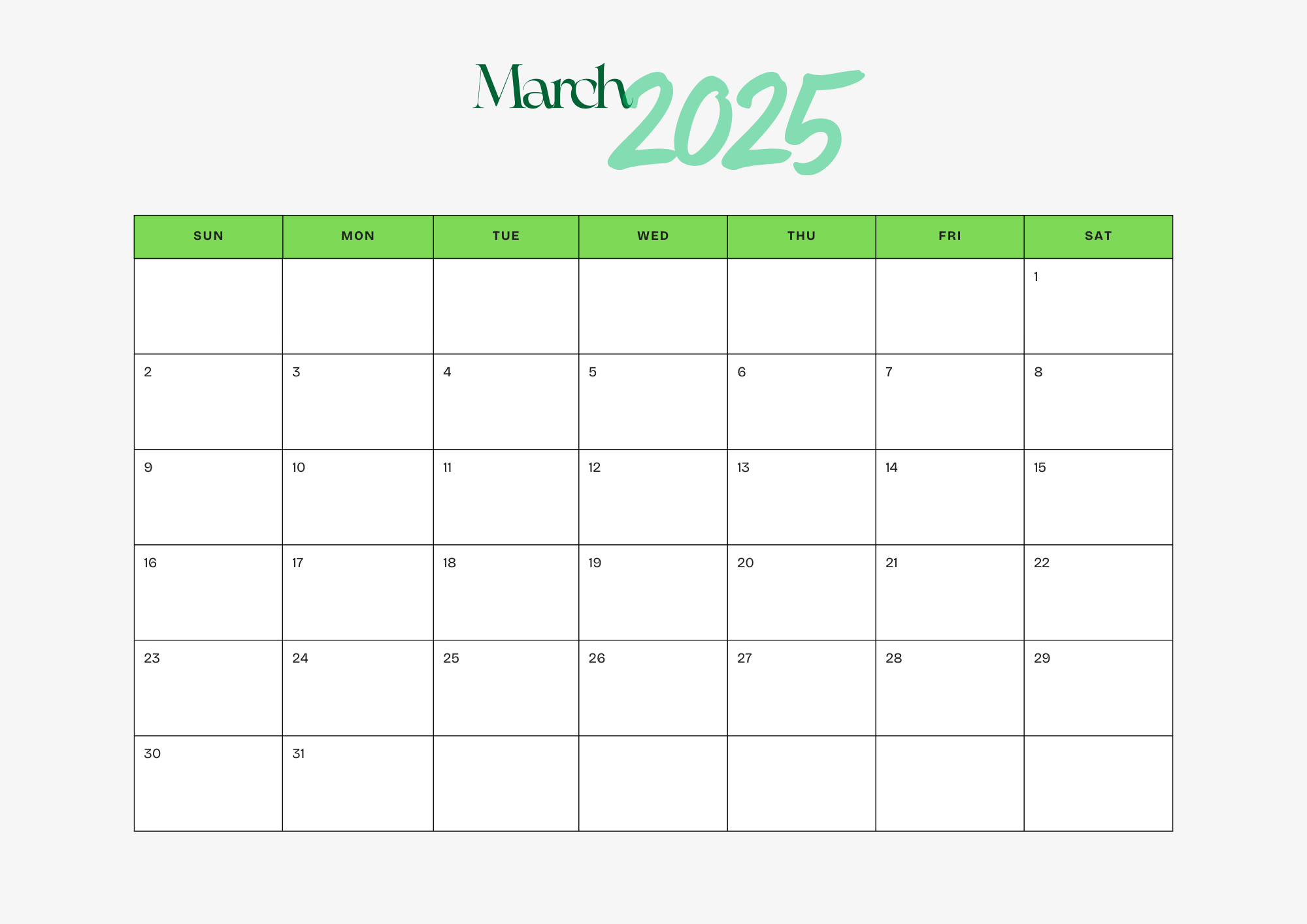 green & white printable march 2025 calendar