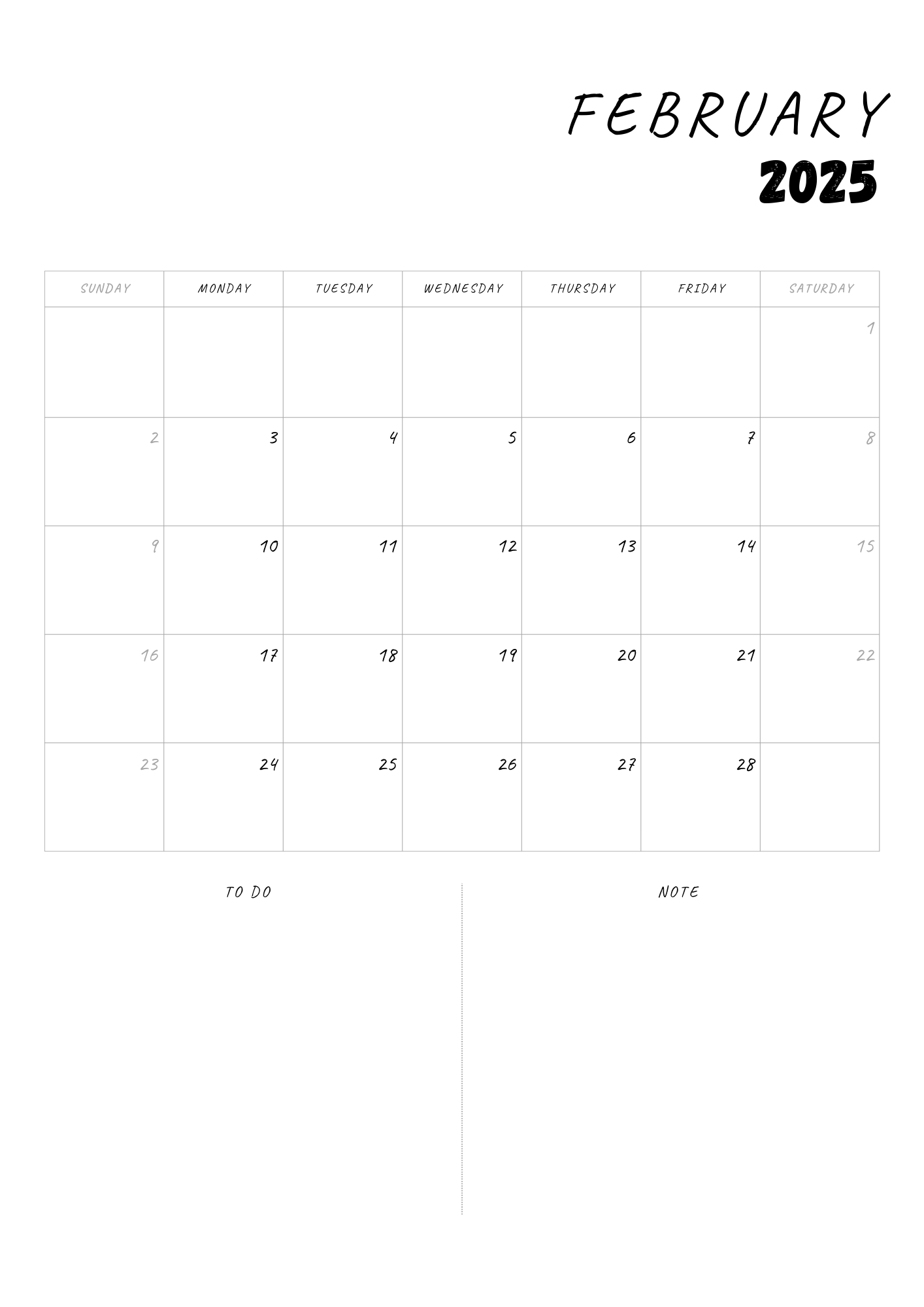 black and white simple february 2025 calendar